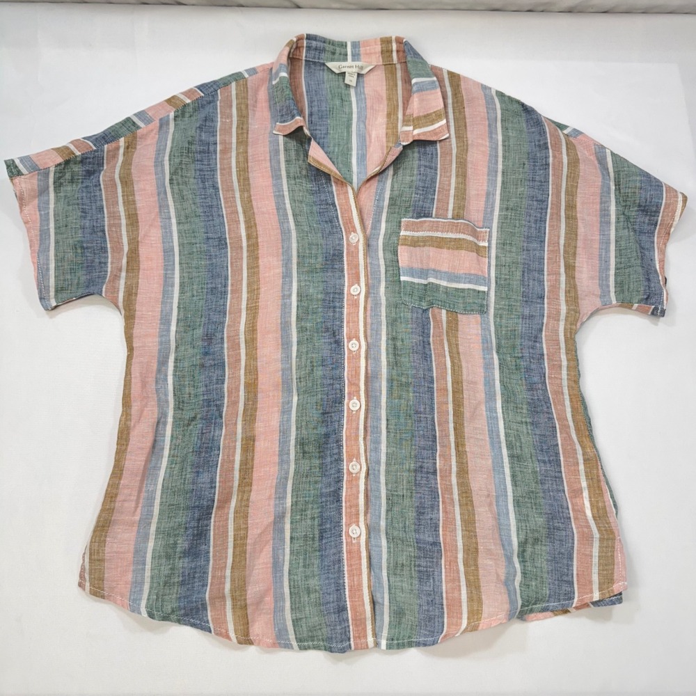 Garnet Hill Button Down S/S Shirt Womens 10 Multi Color Striped 100% Linen Top - Picture 3 of 11